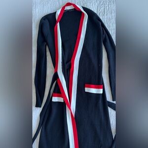 Long Wrap-Around Fitted Black Cardigan with Red & White Stripes